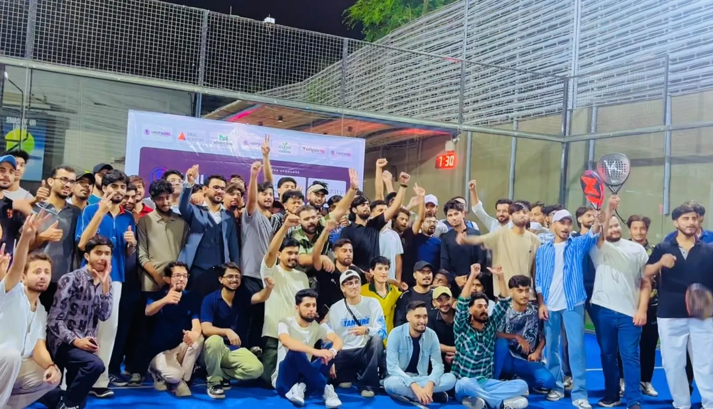 Students from different universities of Karachi celebrating after playing padel